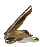 A polished metallic silver paperclip-style clip 
