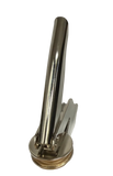 A polished stainless steel hand tool with a curved handle and circular base, standing upright on a white sheet of paper 