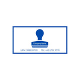 Blue stamp icon with placeholder text for company name, UEN, and contact number on a white background